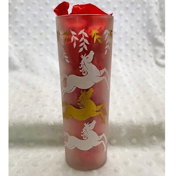 Vintage MCM Libbey's Frosted 12oz Gold & White Jumping Horses Tom Collins Glass - Picture 1 of 7